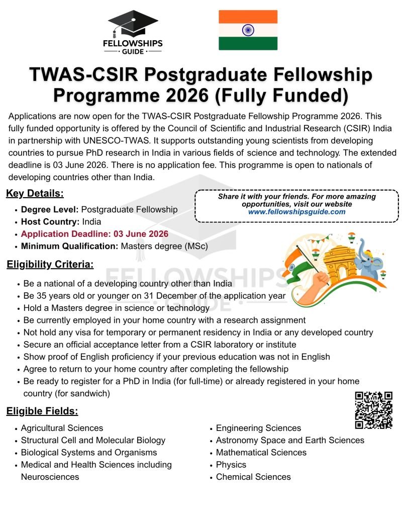 TWAS-CSIR Postgraduate Fellowship Programme  - DEADLINE EXTENDED TO 3 JUNE